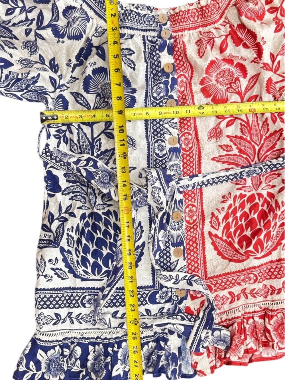 Farm Rio Mixed Pineapple Garden Mini Dress Sz S Red Blue Linen Blend Tie Waist - Picture 12 of 12